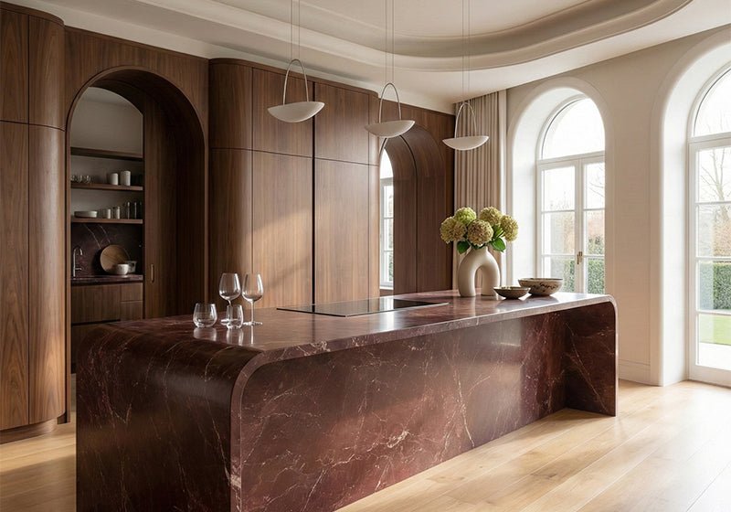 Red Bordeaux Honed Marble Slab Random room scene