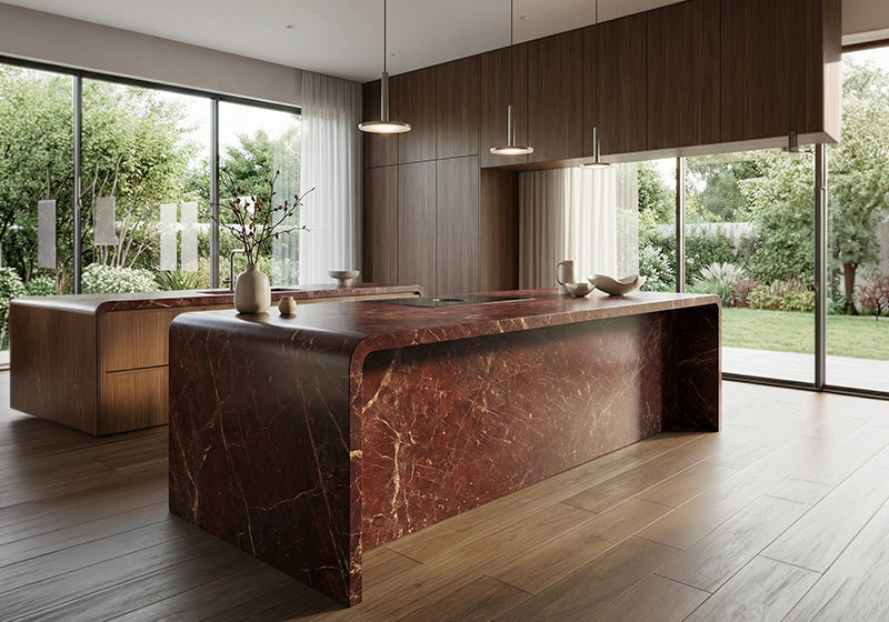 Red Bordeaux Honed Marble Slab Random room scene 2