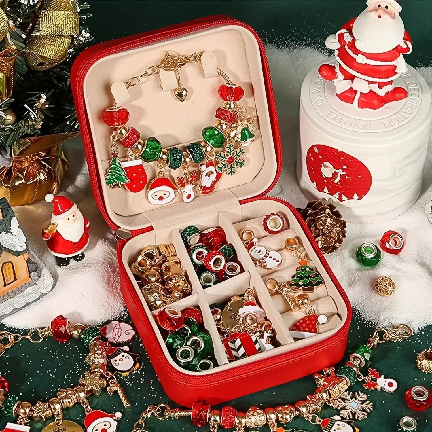 Red Green Bead Christmas Bracelet Making Kit with Charm Beads by House Of Avana
