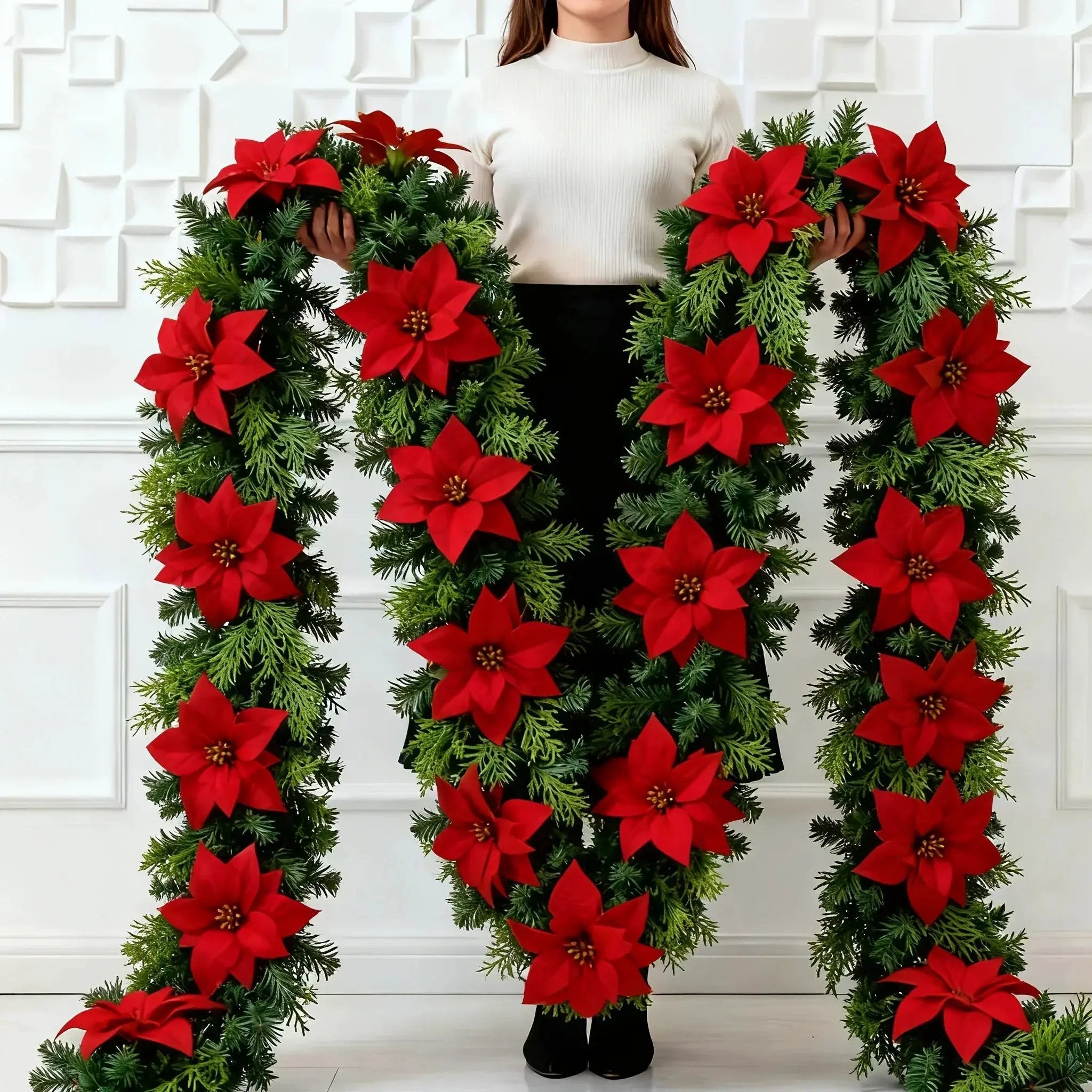 Red Poinsettia Artificial Pine Branches, Large Christmas Decor by House Of Avana