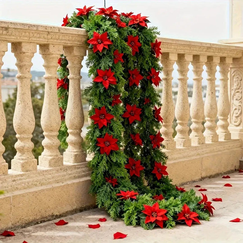 Red Poinsettia Artificial Pine Branches, Large Christmas Decor by House Of Avana