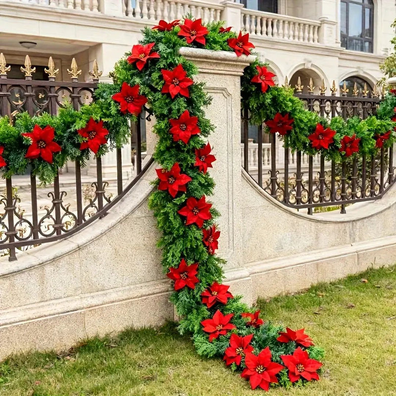 Red Poinsettia Artificial Pine Branches, Large Christmas Decor by House Of Avana