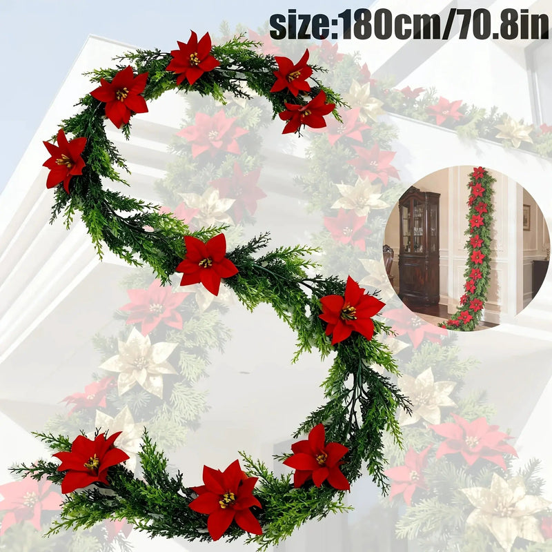 Red Poinsettia Artificial Pine Branches, Large Christmas Decor by House Of Avana