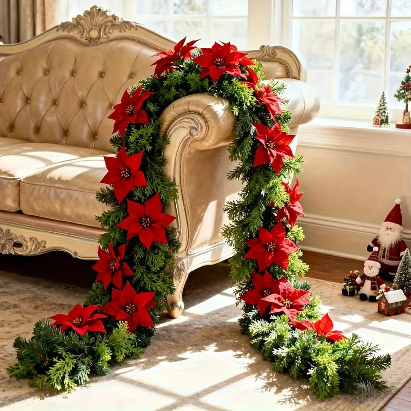 Red Poinsettia Artificial Pine Branches, Large Christmas Decor by House Of Avana