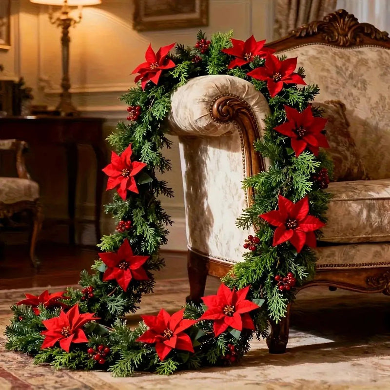 Red Poinsettia Artificial Pine Branches, Large Christmas Decor by House Of Avana