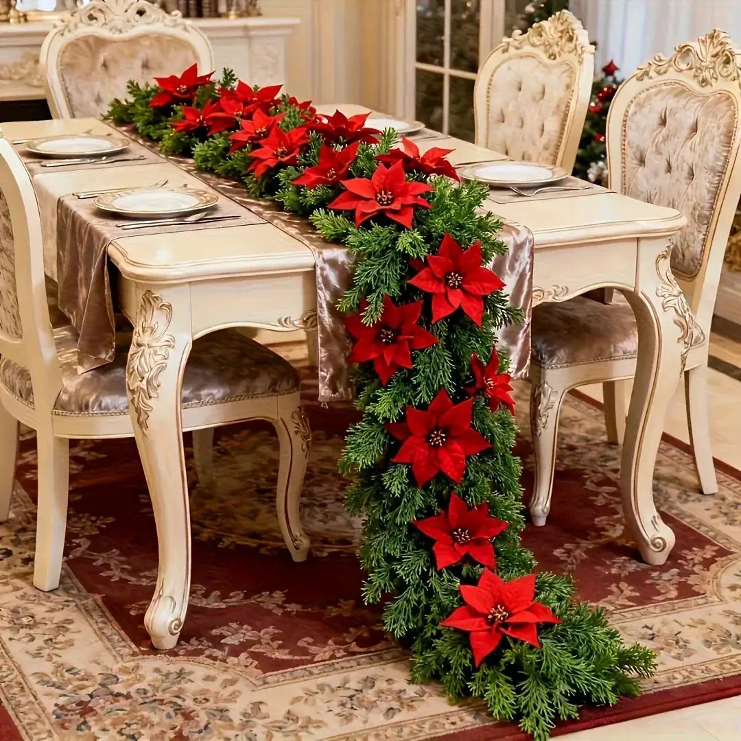 Red Poinsettia Artificial Pine Branches, Large Christmas Decor by House Of Avana