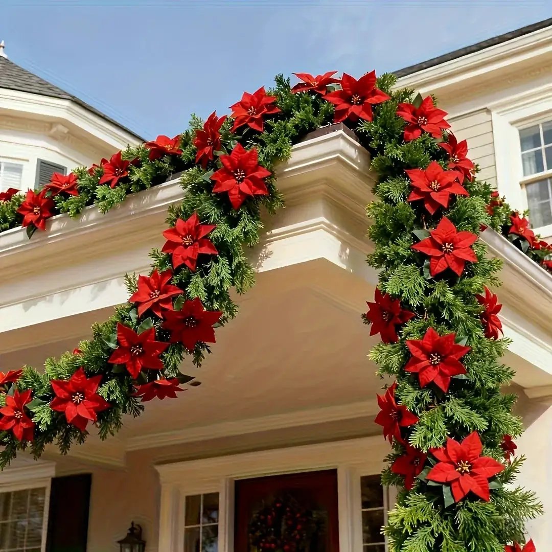Red Poinsettia Artificial Pine Branches, Large Christmas Decor by House Of Avana
