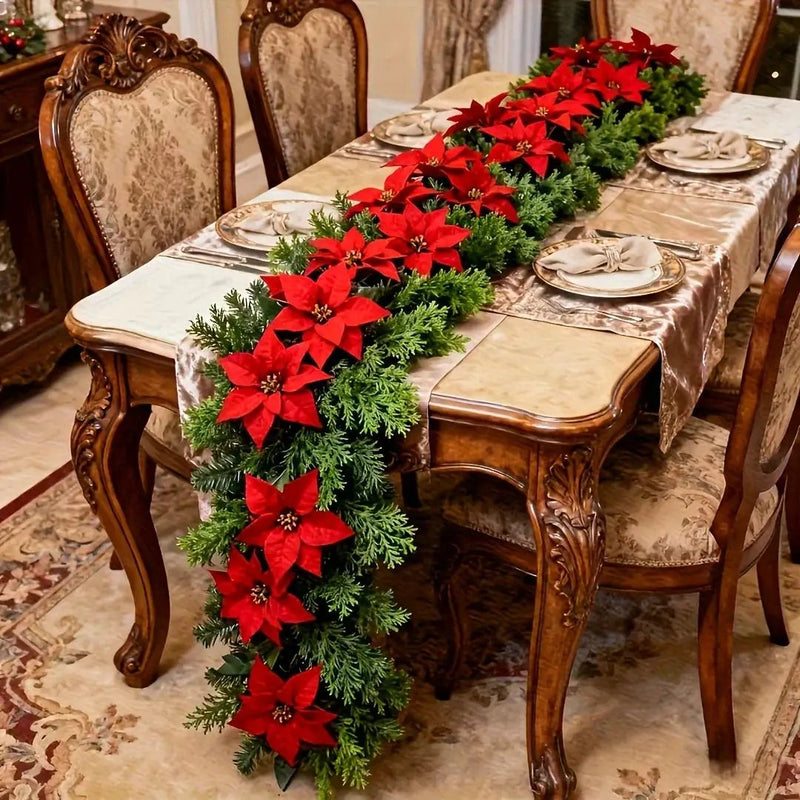Red Poinsettia Artificial Pine Branches, Large Christmas Decor by House Of Avana