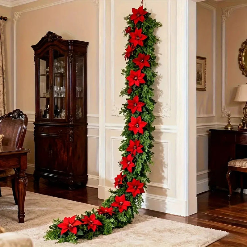 Red Poinsettia Artificial Pine Branches, Large Christmas Decor by House Of Avana