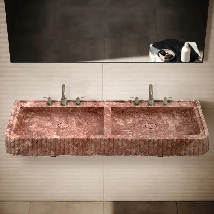 Red Travertine Double Bathroom Vanity Sink 48 inch - Fluted Design by GobekDesign