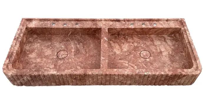 Red Travertine Double Bathroom Vanity Sink 48 inch - Fluted Design by GobekDesign