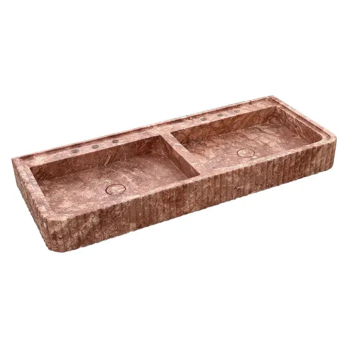 Red Travertine Double Bathroom Vanity Sink 48 inch - Fluted Design by GobekDesign