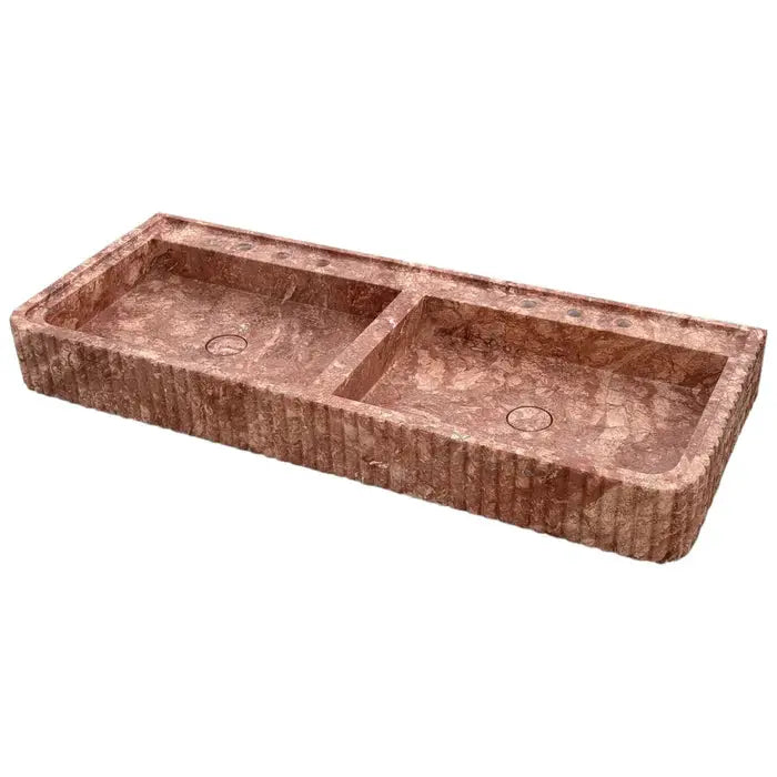 Red Travertine Double Bathroom Vanity Sink 48 inch - Fluted Design by GobekDesign