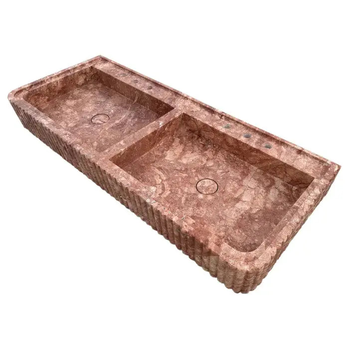 Red Travertine Double Bathroom Vanity Sink 48 inch - Fluted Design by GobekDesign