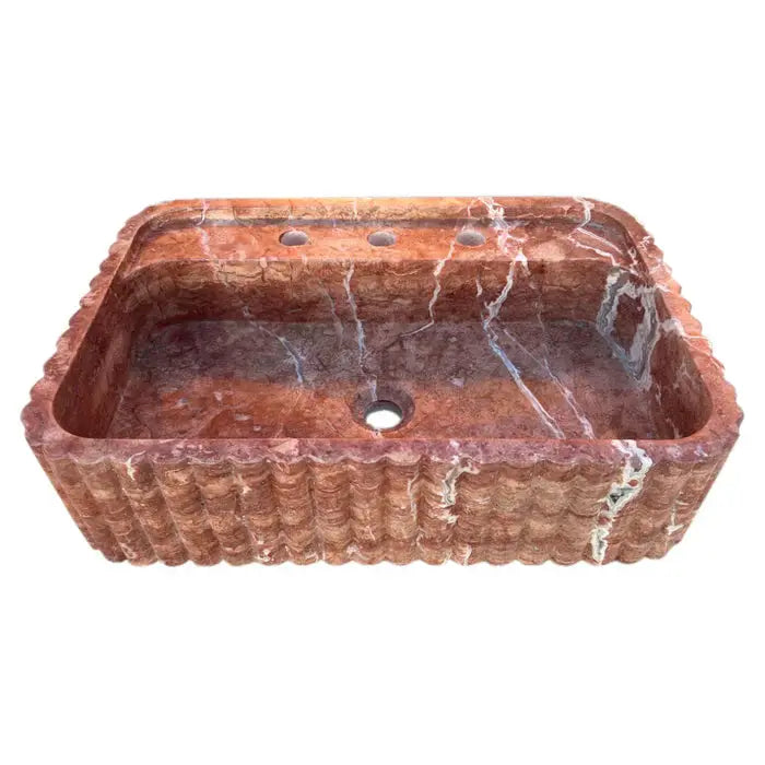 Red Travertine Wall Mount Bathroom Sink Ribbed Textured 24x16 by GobekDesign
