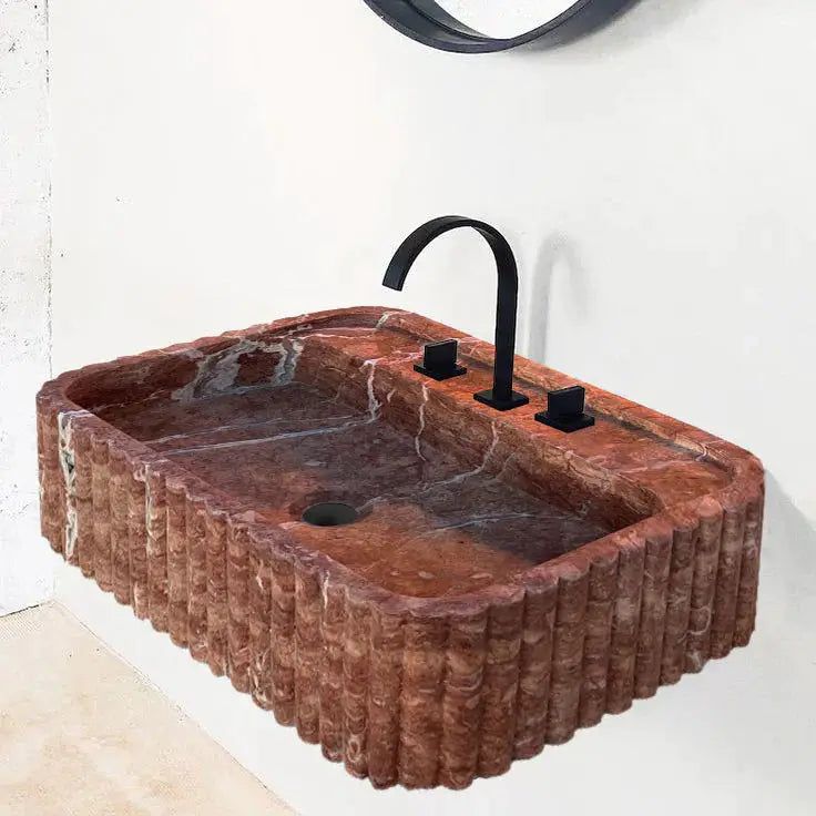 Red Travertine Wall Mount Bathroom Sink Ribbed Textured 24x16 by GobekDesign