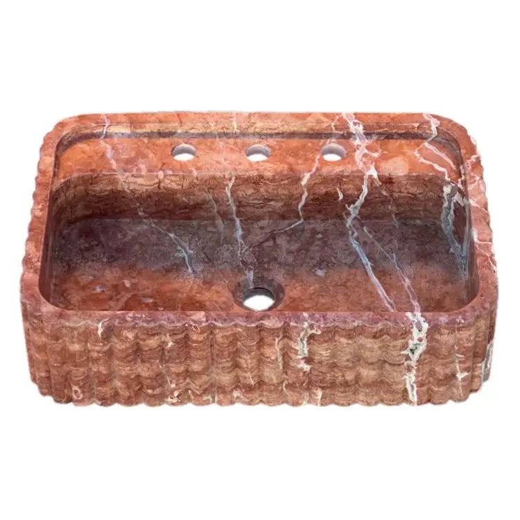 Red Travertine Wall Mount Bathroom Sink Ribbed Textured 24x16 by GobekDesign
