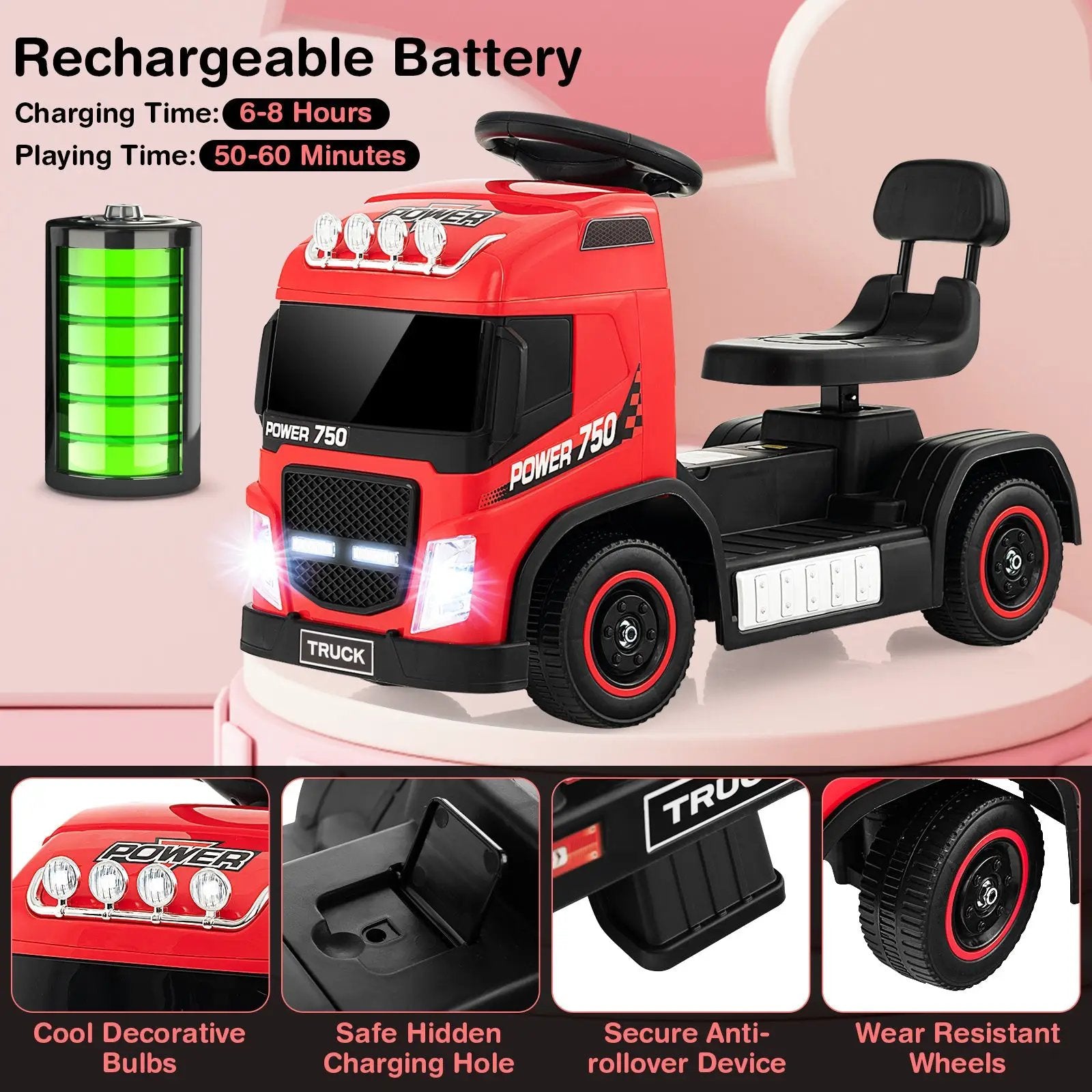 6V Kids Electric Ride-on Truck with Height Adjustable Seat-Red by DirectDeals