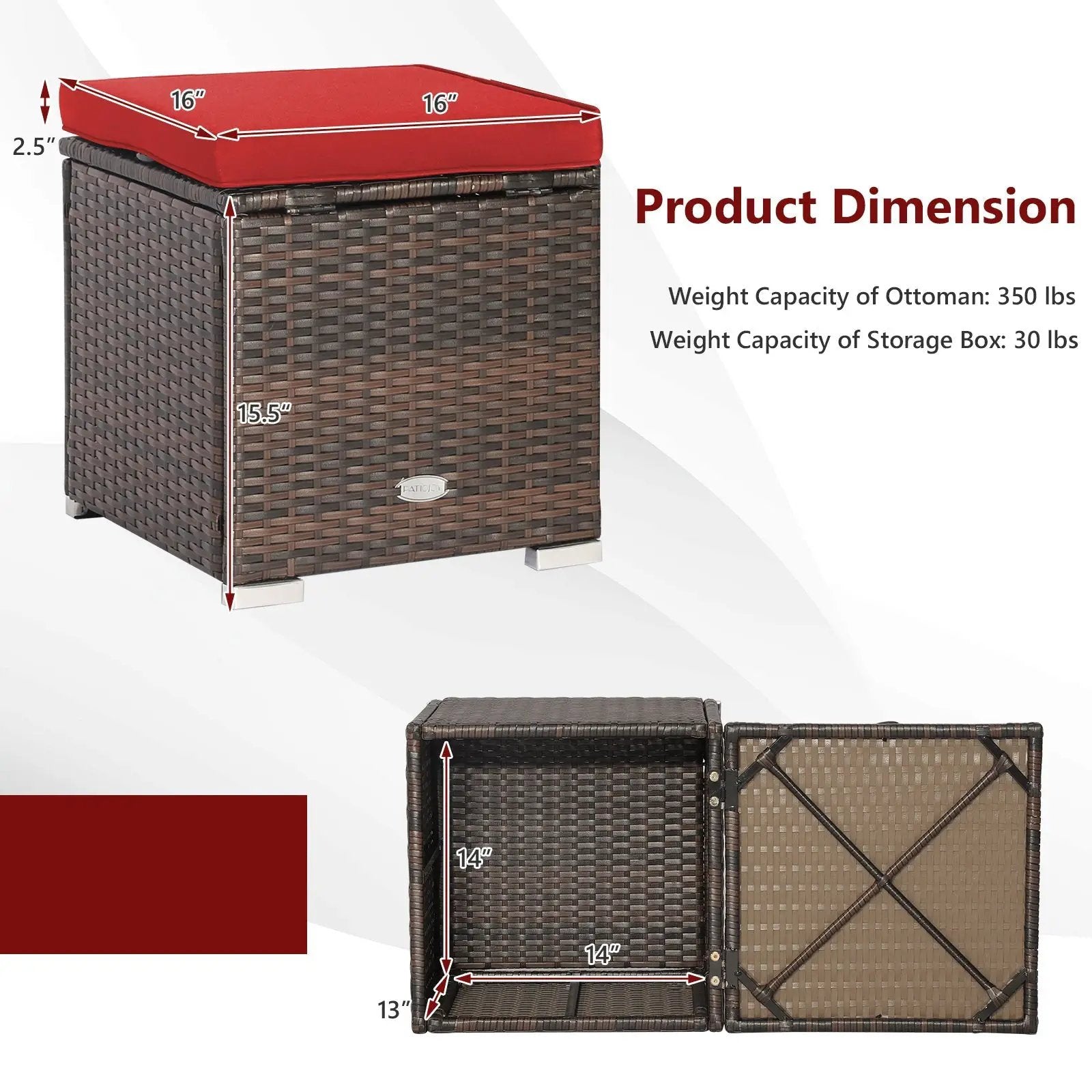 2 Pieces Patio Ottoman with Removable Cushions-Red by DirectDeals