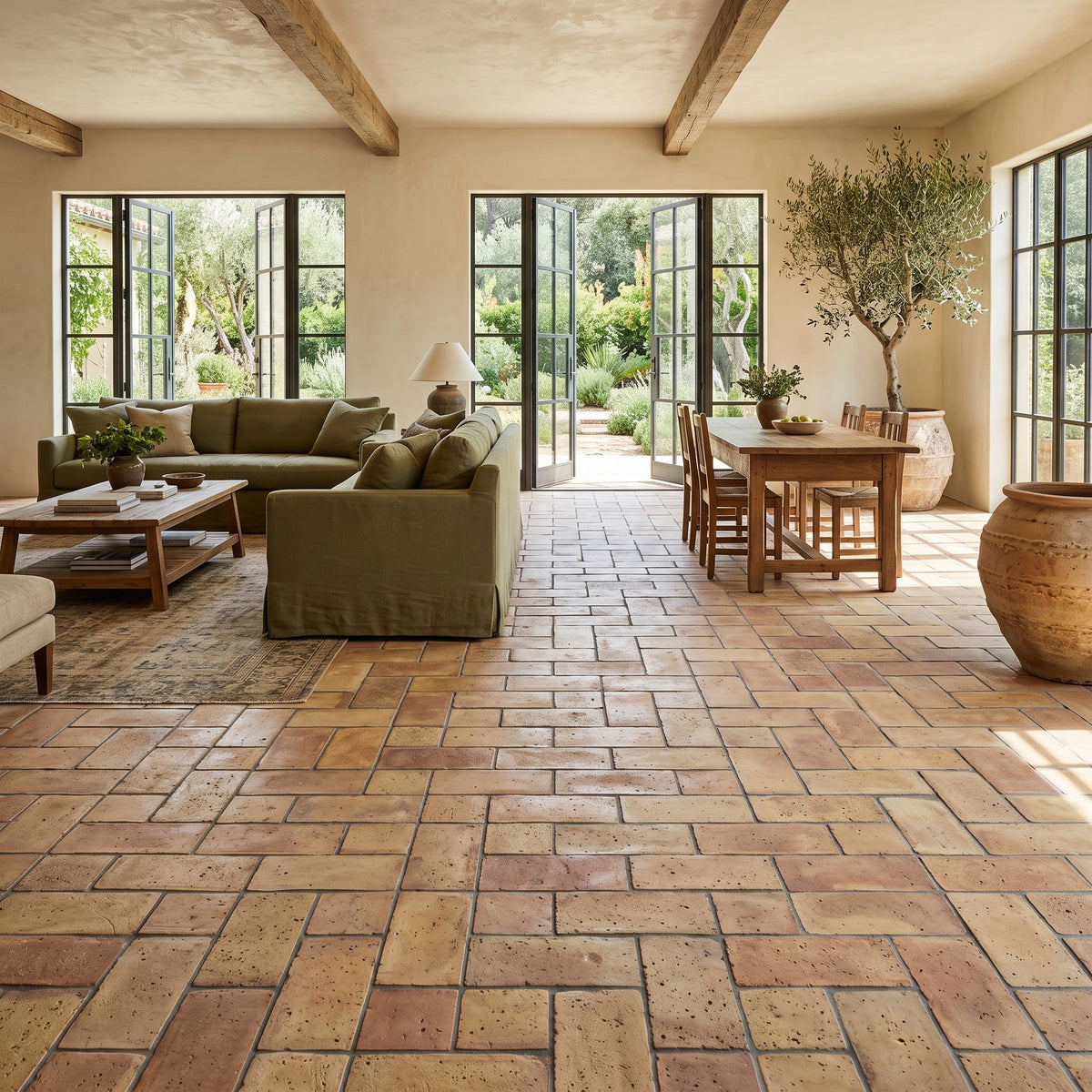 A spacious, sunlit room with terracotta tile flooring, featuring a green sofa, wooden dining table and chairs, large windows, and an olive tree in a rustic interior setting.