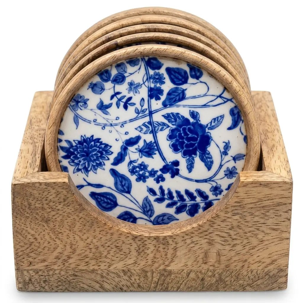 House of Avana Mango Wood Coaster Set of 5 with Holder by House Of Avana