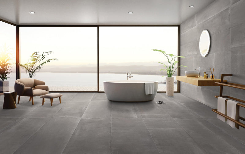Reside Ash Honed Stone Look Porcelain Tiles 12x24 installed in a room