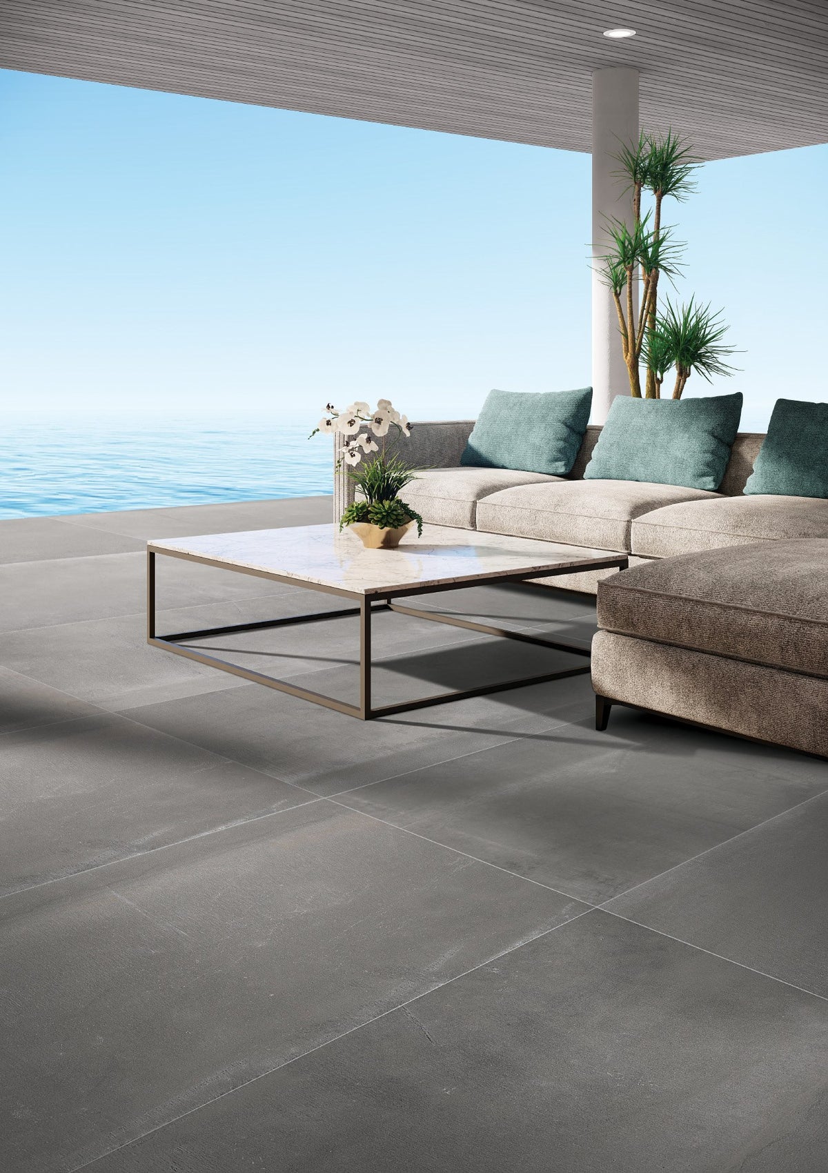 Reside Ash Honed Stone Look Porcelain Tiles 24x48 installed in a patio
