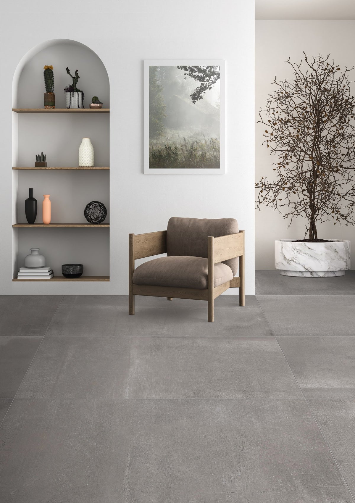Reside Ash Honed Stone Look Porcelain Tiles 24x48 installed in a living room