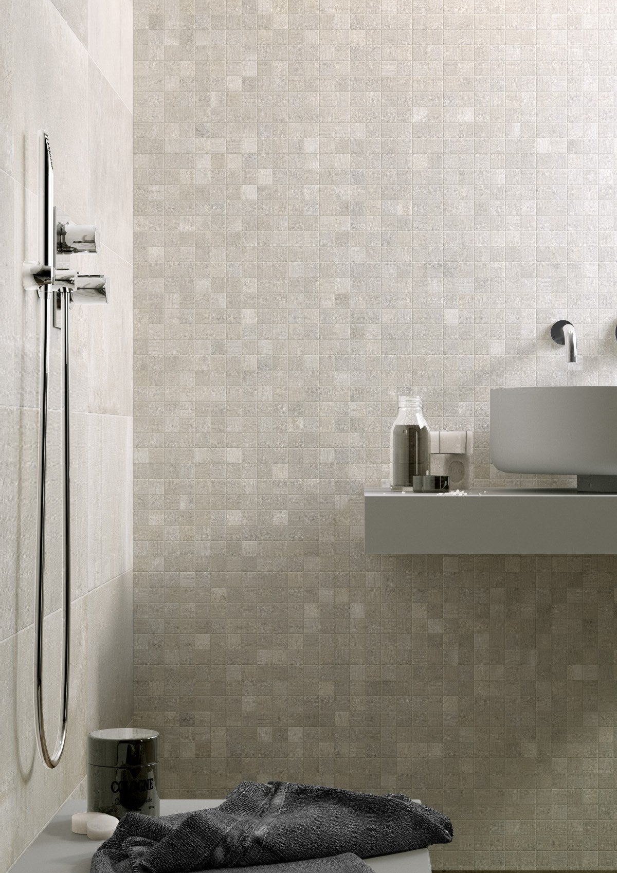 Reside Beige Honed 2x2 Stone Look Porcelain Mosaics 12x12 installed in a bathroom