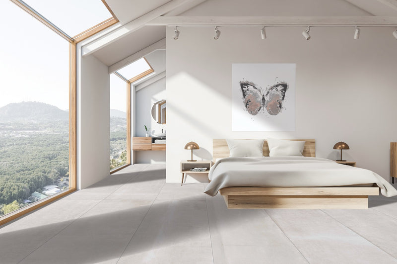 Reside Beige Honed Stone Look Porcelain Tiles 12x24 installed in a bedroom