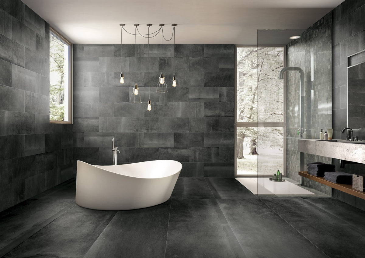 Reside Black Honed 2x2 Stone Look Porcelain Mosaics 12x12 installed in a bathroom, view 2
