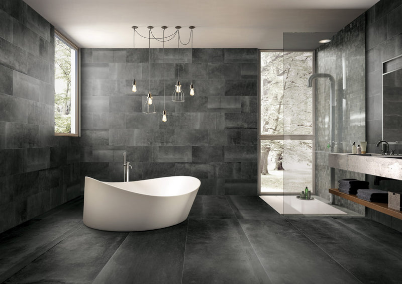 Reside Black Honed 2x2 Stone Look Porcelain Mosaics 12x12 installed in a bathroom, view 2