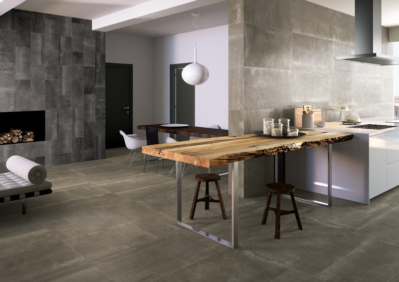 Reside Black Honed Stone Look Porcelain Tiles 24x48 installed in a dining room