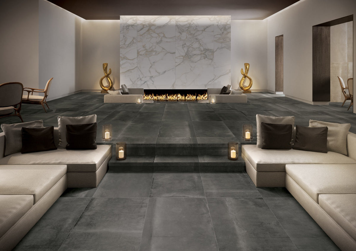 Reside Black R11 Textured Stone Look Porcelain Tiles 24x48 installed in a living room, view 2
