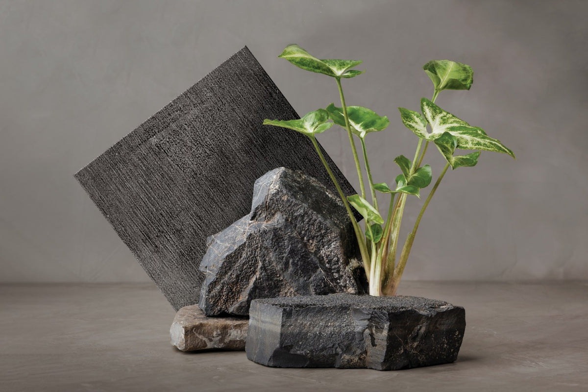 Reside Black R11 Textured Stone Look Porcelain Tiles 24x48 installed in a room