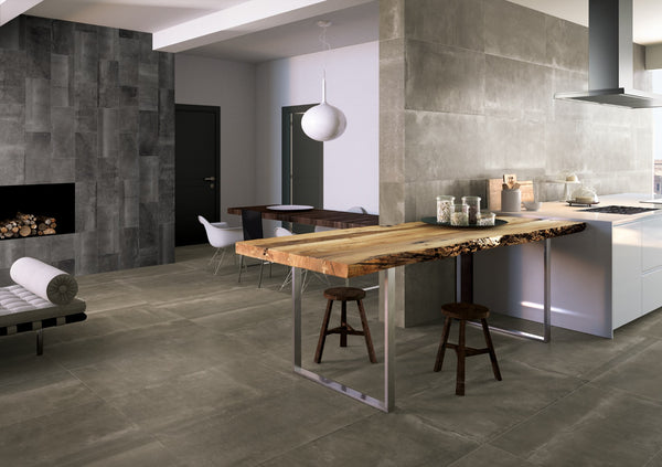 Reside Black R11 Textured Stone Look Porcelain Tiles 24x48 installed in a dining room