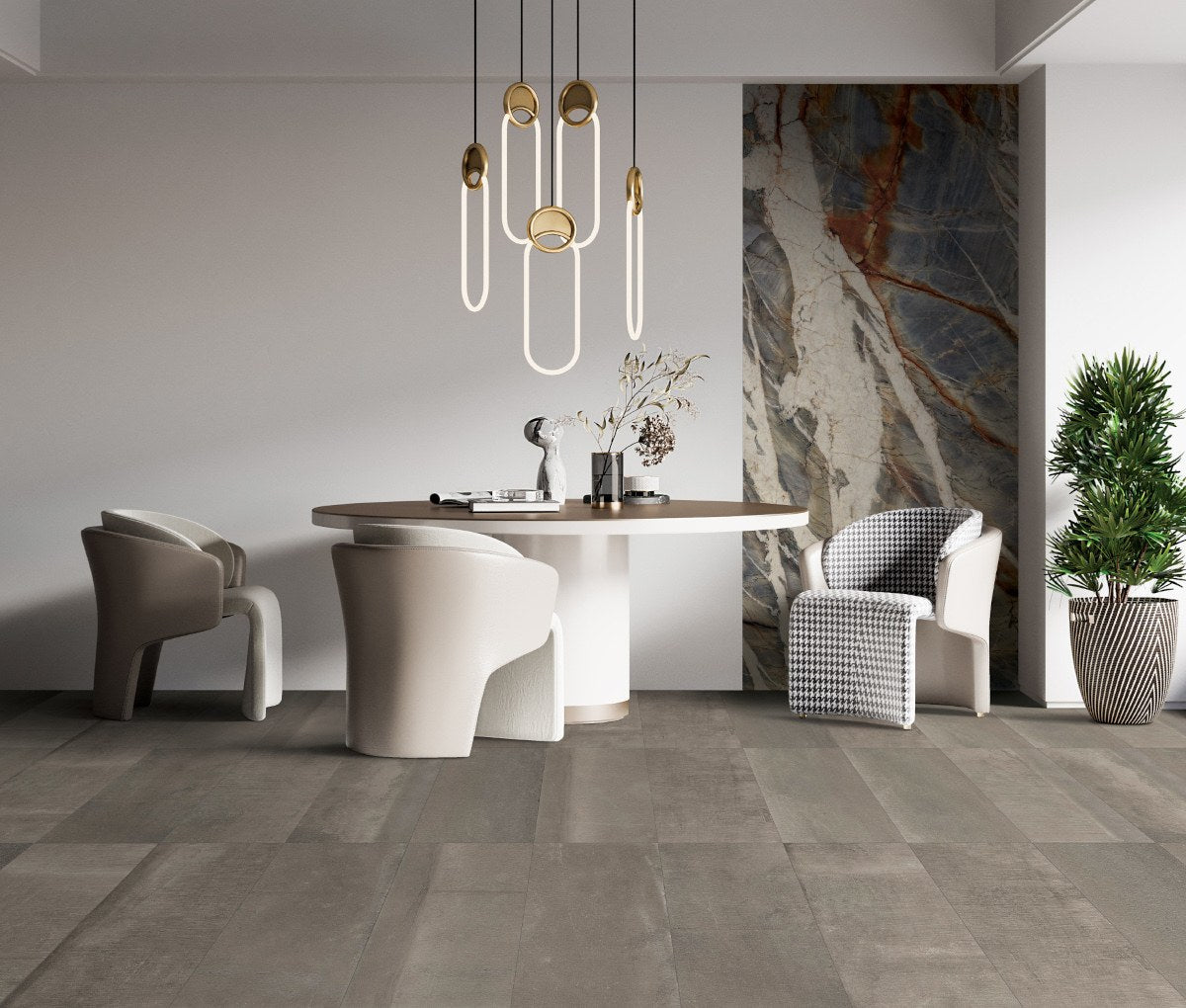Reside Brown R11 Textured Stone Look Porcelain Tiles 24x48 installed in a living room, view 2