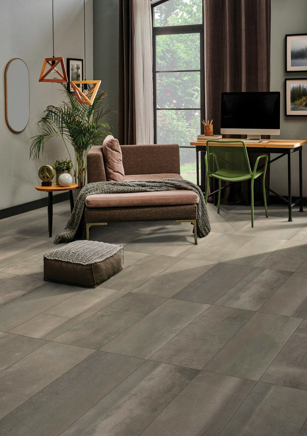 Reside Brown R11 Textured Stone Look Porcelain Tiles 24x48 installed in a living room
