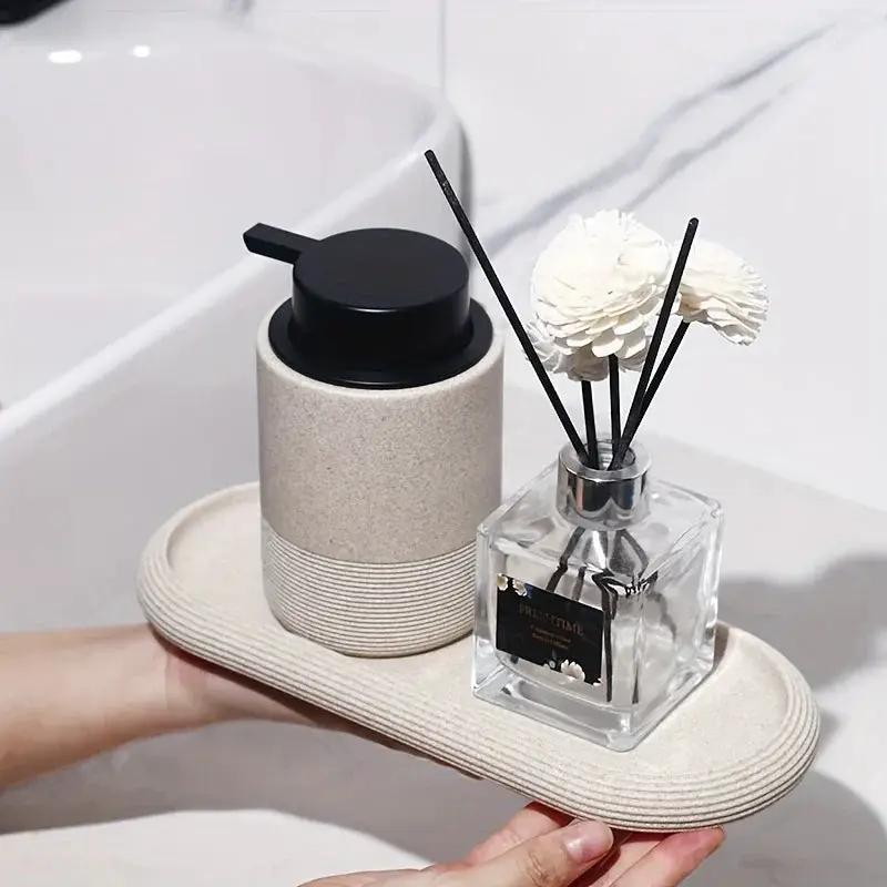 [Resin Art Tray] Elegant Resin Art Striped Bathroom Vanity Tray | Oval Design with Textured Surface, Bathroom Organizer, Neutral Tone Tray, Bathroom Decor And Accessories by House Of Avana