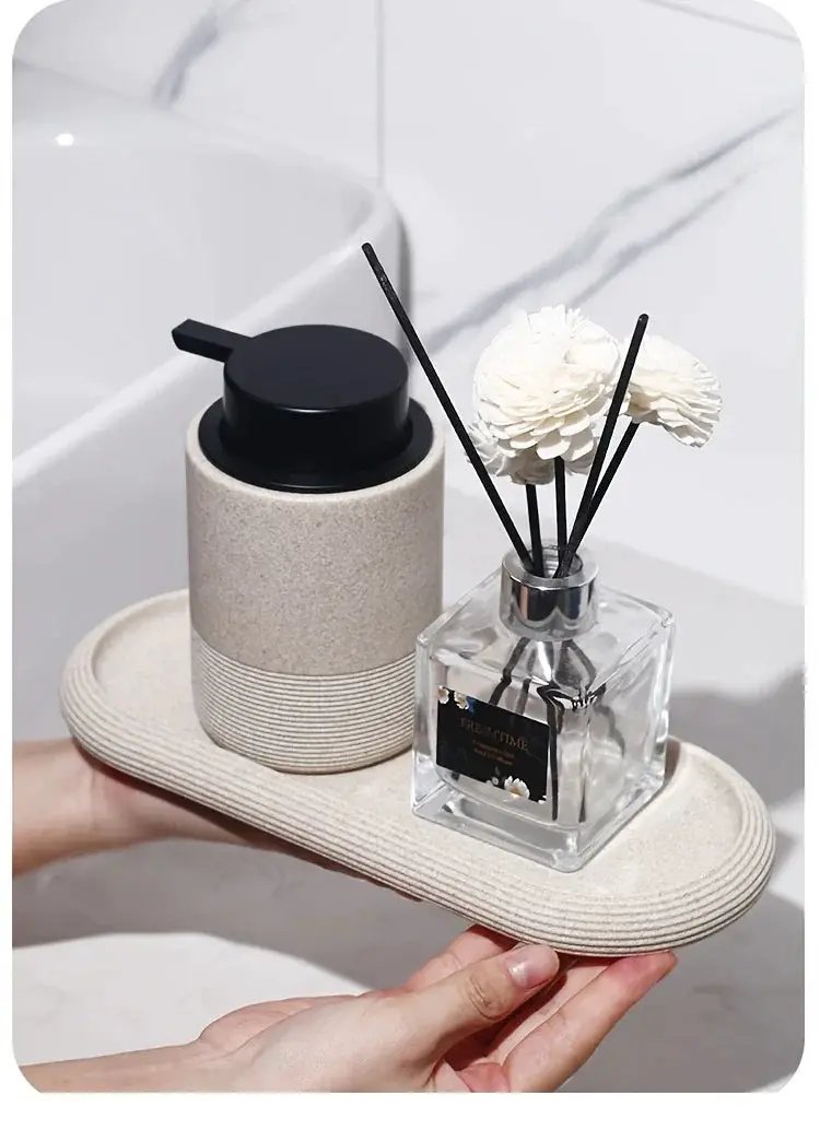[Resin Art Tray] Elegant Resin Art Striped Bathroom Vanity Tray | Oval Design with Textured Surface, Bathroom Organizer, Neutral Tone Tray, Bathroom Decor And Accessories by House Of Avana