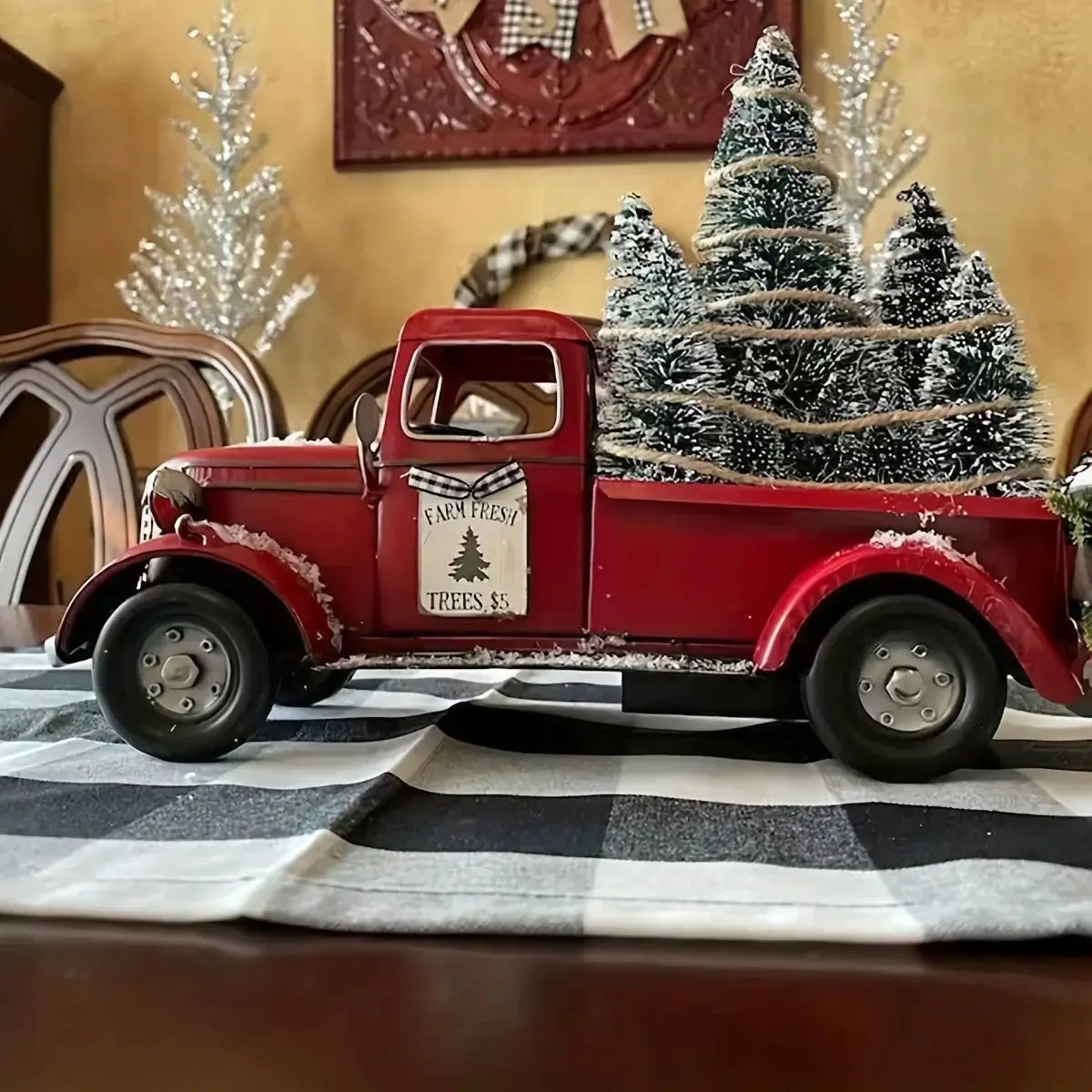 Resin Christmas Figurine Vintage Red Truck with Tree by House Of Avana