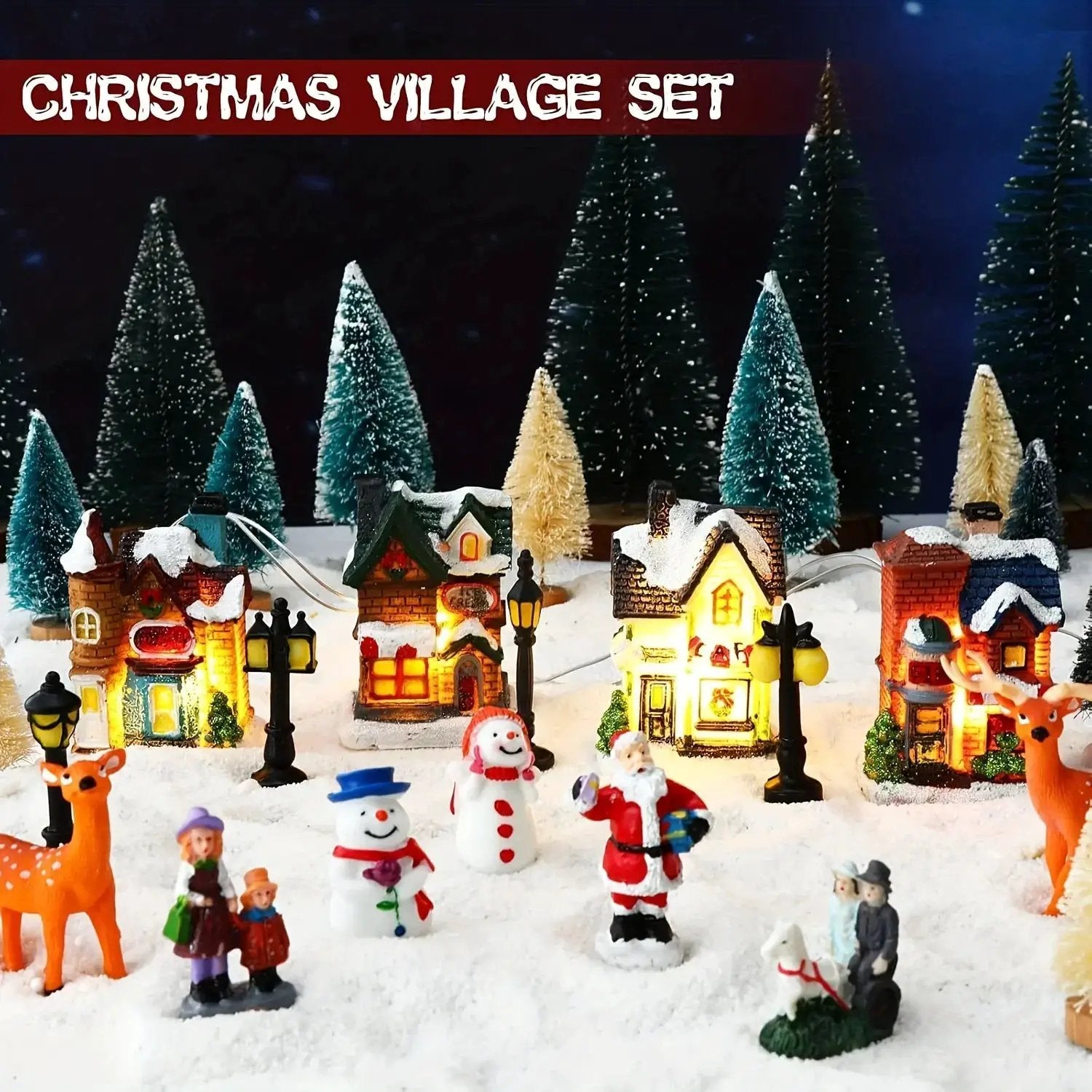 Resin Christmas Village Set with Lighted Snowy Houses by House Of Avana