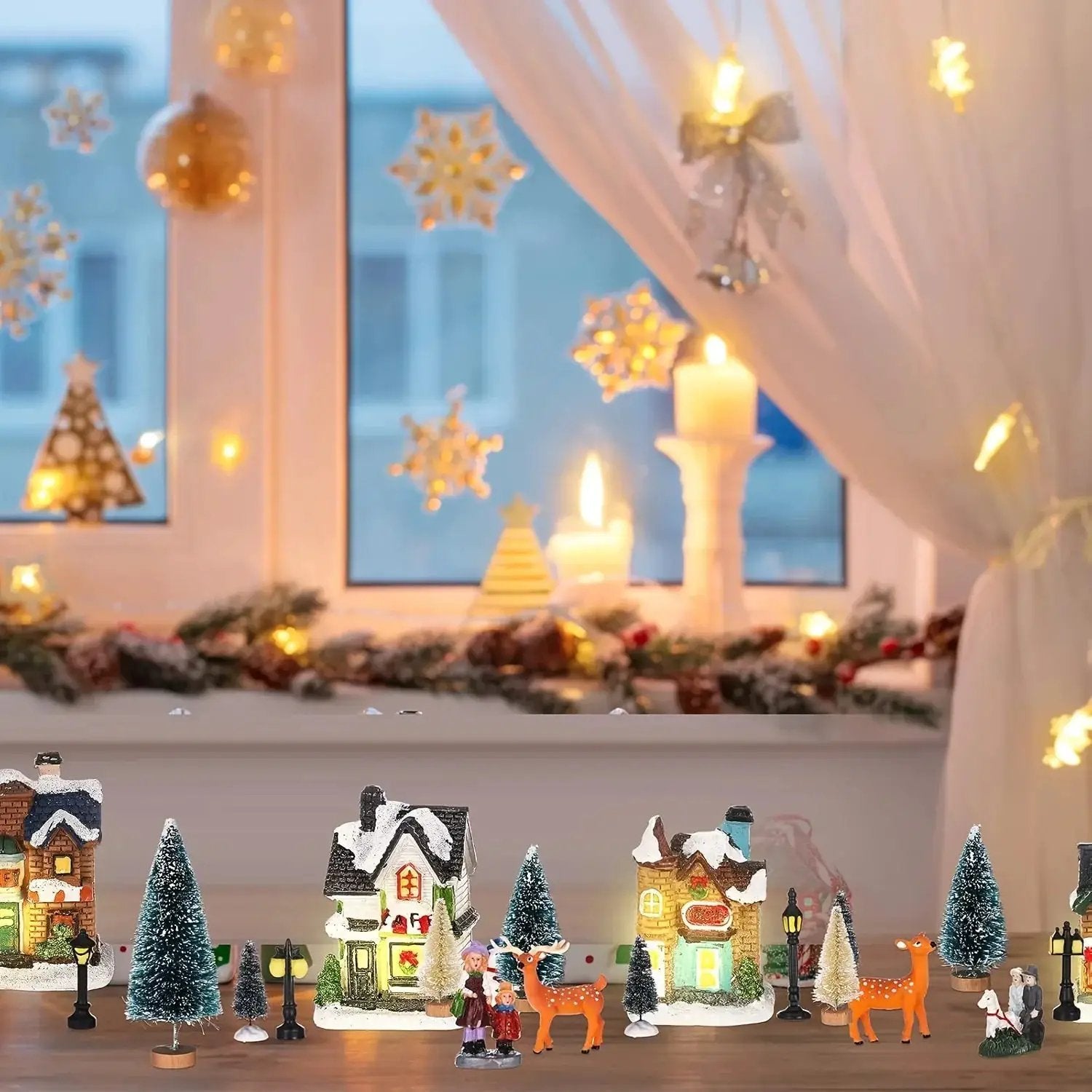 Resin Christmas Village Set with Lighted Snowy Houses by House Of Avana