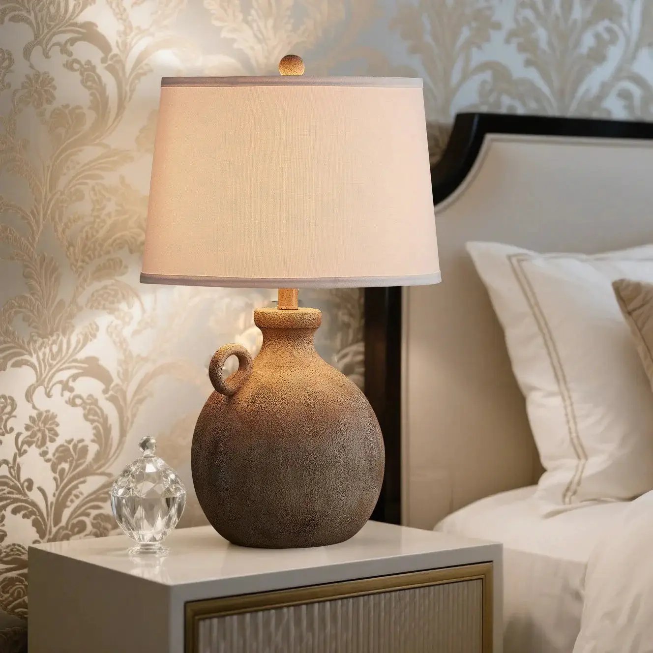Resin Farmhouse Table Lamp with 3-Way Dimming and USB Port, White Shade, 24 by House Of Avana
