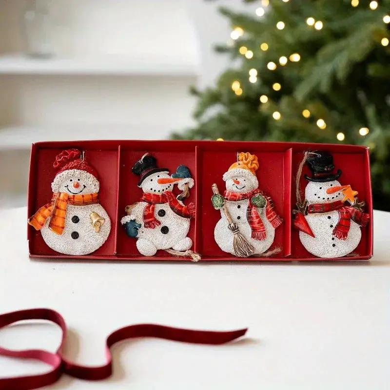 Resin Santa and Snowman Ornaments - 4pcs Red and Golden Christmas Tree Decorations by House Of Avana