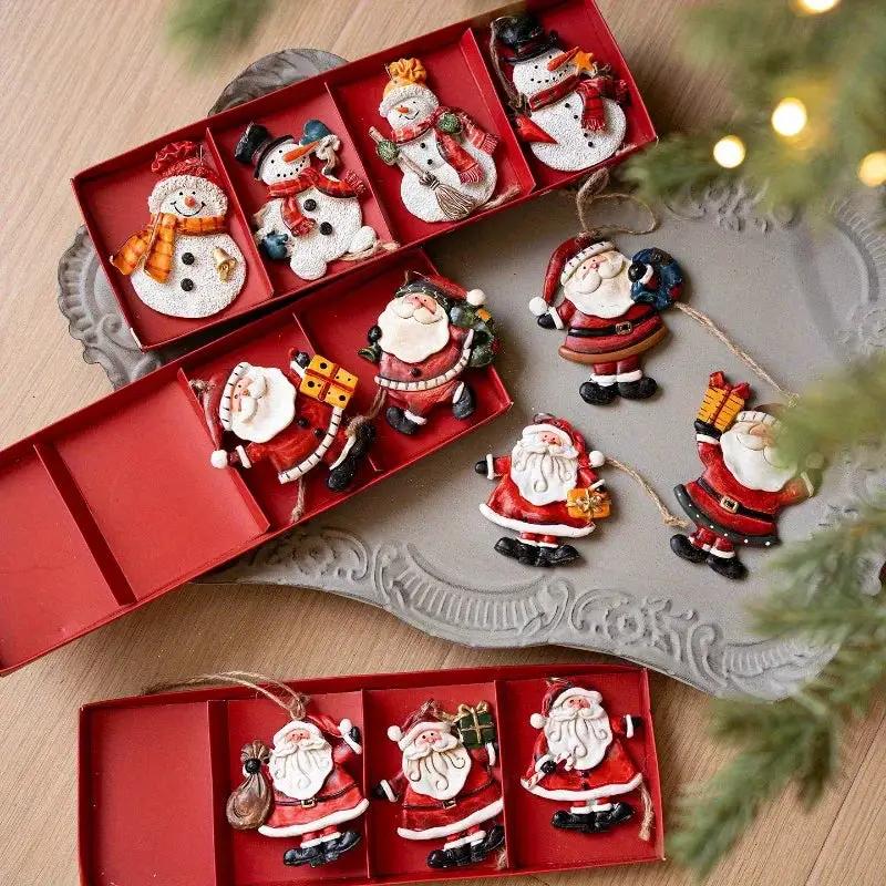 Resin Santa and Snowman Ornaments - 4pcs Red and Golden Christmas Tree Decorations by House Of Avana
