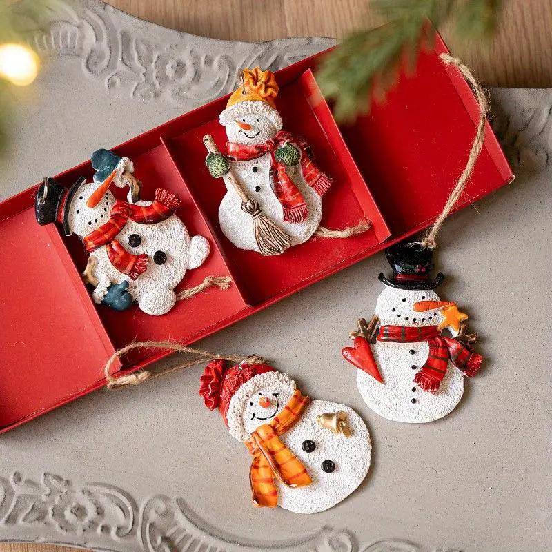 Resin Santa and Snowman Ornaments - 4pcs Red and Golden Christmas Tree Decorations by House Of Avana