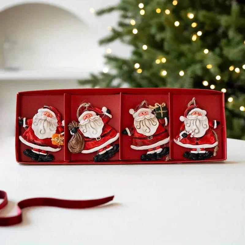 Resin Santa and Snowman Ornaments - 4pcs Red and Golden Christmas Tree Decorations by House Of Avana