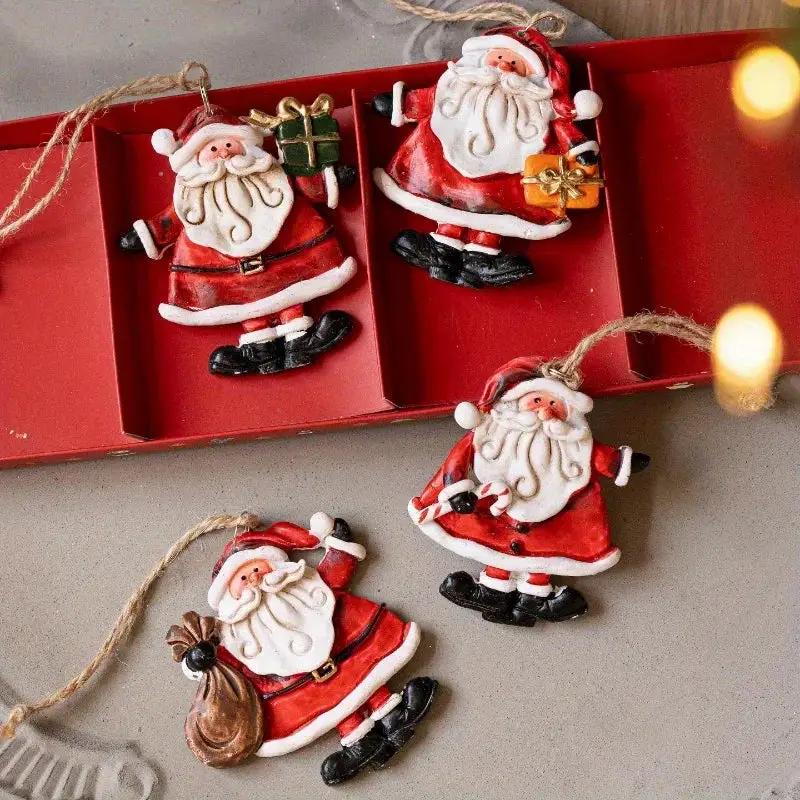 Resin Santa and Snowman Ornaments - 4pcs Red and Golden Christmas Tree Decorations by House Of Avana
