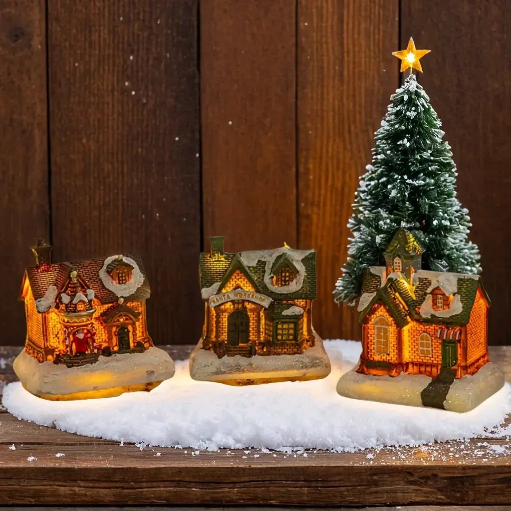 Resin Small House Micro Landscape Christmas Decoration with Luminous Effect by House Of Avana